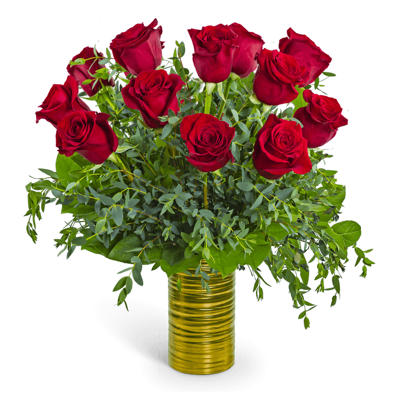 One Dozen Ruby Red Roses in Gold